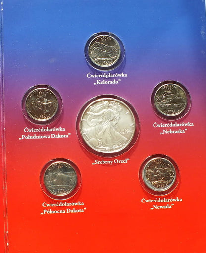 Srebrny Orzeł + 5 x ćwierćdolarówka USA